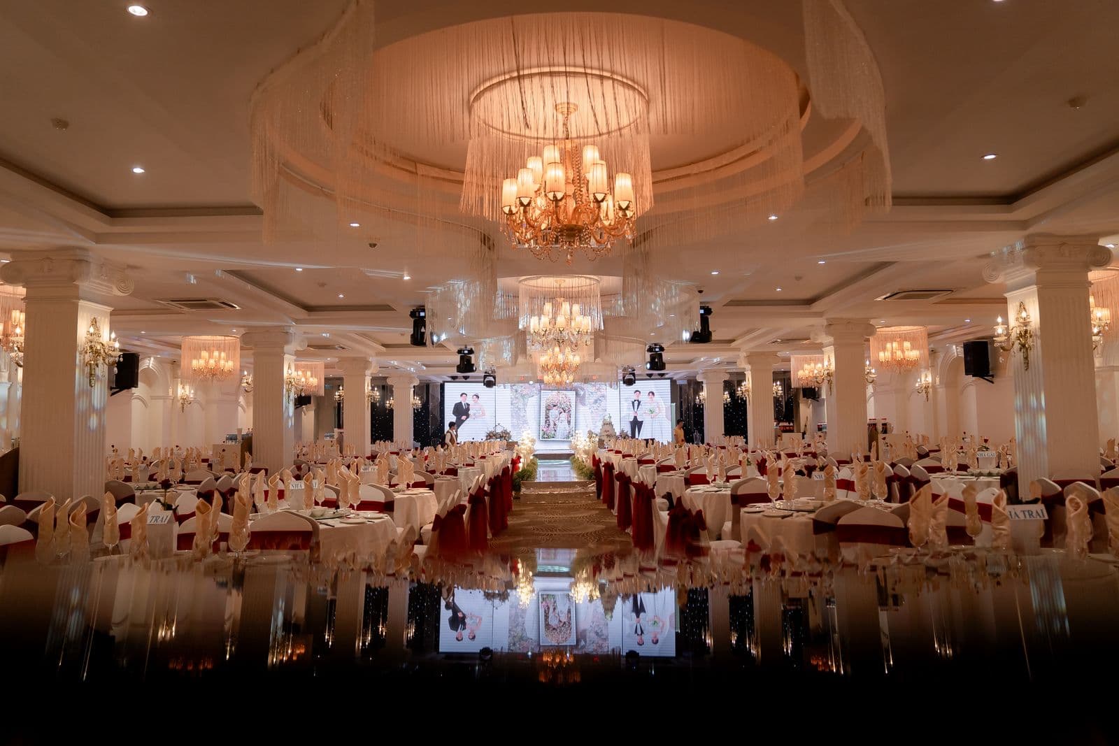 Hall with coloured lights after a sangeet